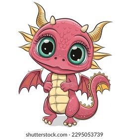 Cute Cartoon Pink Baby Dragon isolated on a white background