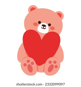 cute cartoon pink bear holding a red heart