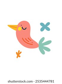 Cute cartoon pink bird with big eyes and fluffy wings, vector illustration for children's books and toys