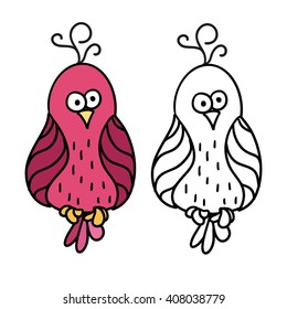 Cute cartoon pink bird with black contour isolated in white background. Vector illustration. Can be used for colouring. 
