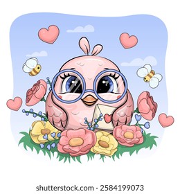 Cute cartoon pink bird with blue glasses, love letter, flowers and bees. Spring vector illustration of animal in nature on blue background.