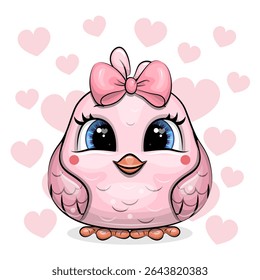 Cute Cartoon Pink Bird with hair bow. Vector Illustration with animal on white background with pink hearts.