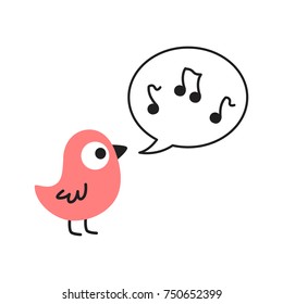 Cute Cartoon Pink Bird Singing with Music Notes in a Speach Bubble Vector Illustration on White Background