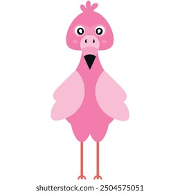 Cute cartoon pink bird with a whimsical expression and stylized feathers. Flamingo. 