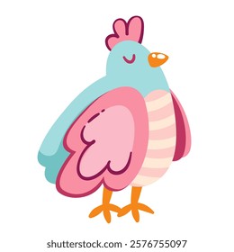 Cute cartoon pink and blue bird. Funny adorable baby chicken with wings, strip pattern and beak. Valentines day, animal, gift mascot, cartoon cute comic bird with pastel color vector illustration