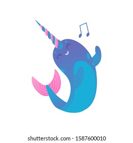 Cute cartoon pink and blue narwhal with gradient sings and dances, isolated vector illustration on white background.