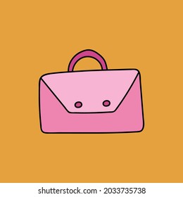 Cute cartoon pink briefcase with buttons for documents for office work, school, university. Vector clipart illustration isolated on the background with hand drawn doodle outline.