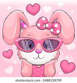 Cute cartoon pink bunny wearing pink glasses and hair bow. Vector illustration of an animal on a pink background with hearts.