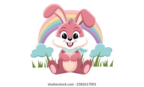 Cute cartoon pink bunny wearing a blue scarf on a rainbow background. Bright children's illustration. Vector.
