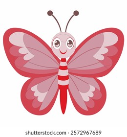 Cute cartoon pink butterfly isolated on white background. Side view. Vector illustration.