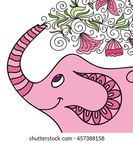 Cute cartoon pink cat with flowers. Vector illustration.