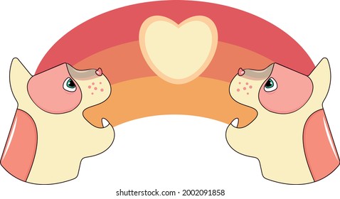 Cute cartoon pink cat heads are looking at a light pink heart. World Cat Day. The background is in the form of a rainbow.