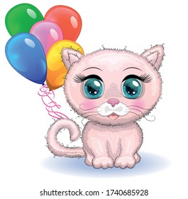 Cute cartoon pink cat, a kitten on a background of flowers holds balls with its tail.