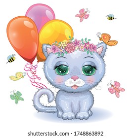 Cute cartoon pink cat, a kitten on a background of flowers holds balls with its tail.