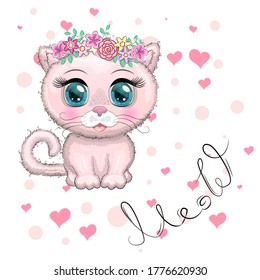 Cute cartoon pink cat, kitten on a background of flowers. Meow