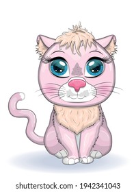 Cute cartoon pink cat, kitten with expressive eyes among flowers, hearts, decorative elements.