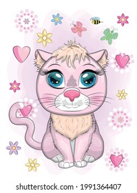 Cute cartoon pink cat, kitten with expressive eyes among flowers, hearts, decorative elements.