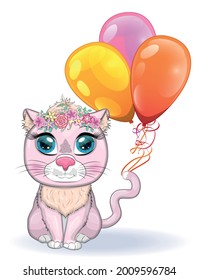 Cute cartoon pink cat, a kitten on a background of flowers holds balls with its tail