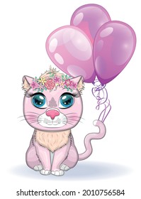 Cute cartoon pink cat, a kitten on a background of flowers holds balls with its tail
