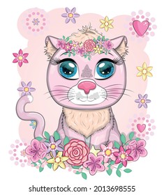 Cute cartoon pink cat, kitten with expressive eyes among flowers, hearts, decorative elements.