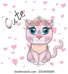 Cute cartoon pink cat, kitten with expressive eyes among flowers, hearts, decorative elements.