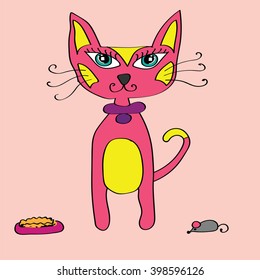 Cute cartoon pink cat with mouse and plate. Vector illustration.