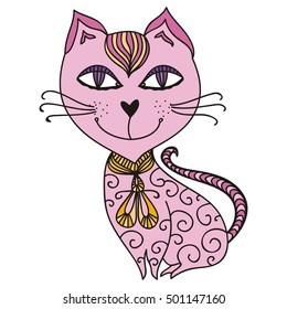 Cute cartoon pink cat. Vector illustration.