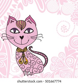 Cute cartoon pink cat. Vector illustration.