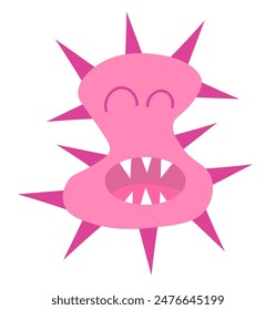 Cute cartoon pink character bacteria, microbe, germ. Microbiology organism. Mascot expressing emotion. Vector children illustration in flat design.