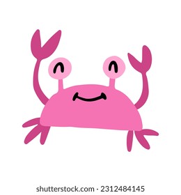 Cute cartoon pink crab. Children's naive vector illustration isolated on white background