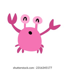 Cute cartoon pink crab. Children's naive vector illustration isolated on white background