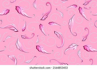 Cute cartoon pink curls and bird feather seamless pattern. 