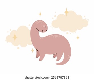 Cute cartoon pink dinosaur. Flat vector illustration.