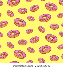 Cute Cartoon Pink Donuts Seamless Pattern, Kawaii Illustration, Vector, Flat Design, Kids, Party, Sweet, Dessert, Food, Festival, for wallpaper, backdrop, background, graphic, print, surface pattern