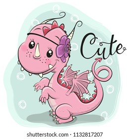 Cute Cartoon Pink Dragon isolated on a blue background