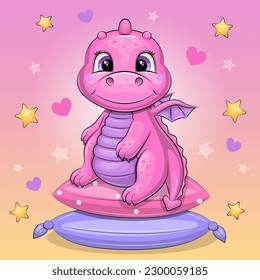 Cute cartoon pink dragon on pillows. Vector illustration of an animal on a pink background with stars and hearts.