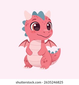 A cute cartoon pink dragon stands on a pink background with a friendly smile and big eyes.