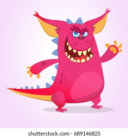 Cute cartoon pink dragon troll. Vector illustration of troll or gremlin or goblin