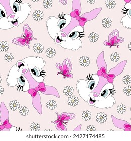 Cute cartoon pink Easter bunny girl portrait among daisy flowers and butterfly vector seamless pattern. Hand drawn line art happy Easter spring holiday floral background. 