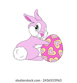 Cute cartoon pink Easter bunny with colourful ornated egg vector illustration isolated on white. Hand drawn line art happy Easter holiday print poster postcard themed graphics. 