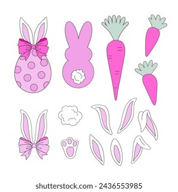 Cute cartoon pink Easter symbols egg bunny silhouette ears paws carrot DIY elements vector illustration set isolated on white. Hand drawn linear happy Easter holiday print creator card making themed