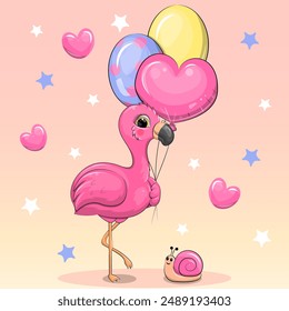 Cute cartoon pink flamingo with balloons and snail. Vector illustration of an animal on a pink background with hearts and stars.