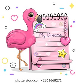 A cute cartoon pink flamingo with  a big pink notebook with stickers. Vector illustration of an animal on a white background with a heart, stars, circles and a flower.