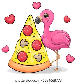 Cute cartoon pink flamingo with a big piece of pizza. Vector illustration of animal on a white background with hearts.