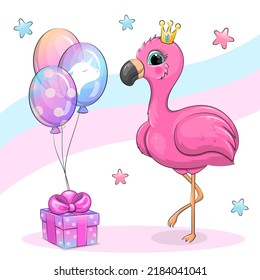 Cute cartoon pink flamingo in a crown with a gift and balloons. Vector illustration of a bird on a colorful background.