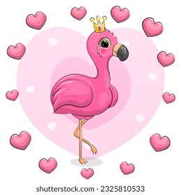 Cute cartoon pink flamingo with a crown in a heart frame. Vector illustration of a bird on a pink background.