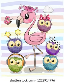 Cute Cartoon pink flamingo and five owls