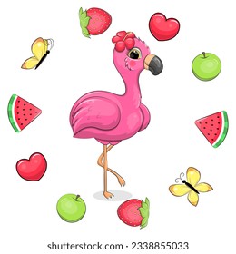 Cute cartoon pink flamingo in a fruit frame. Summer animal vector illustration with apple, strawberry, watermelon, butterfly and heart on white background.