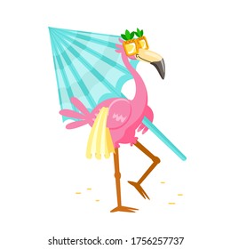 Cute Cartoon Pink Flamingo in Funny Sunglasses with Towel and Umbrella Walk to Beach. Character Summer Vacation. Kawaii Personage Summertime Activity and Spare Time. T-shirt Print Vector Illustration