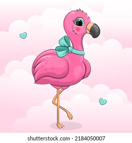 Cute cartoon pink flamingo with a green bow. Vector illustration of a bird on a pink cloud background.